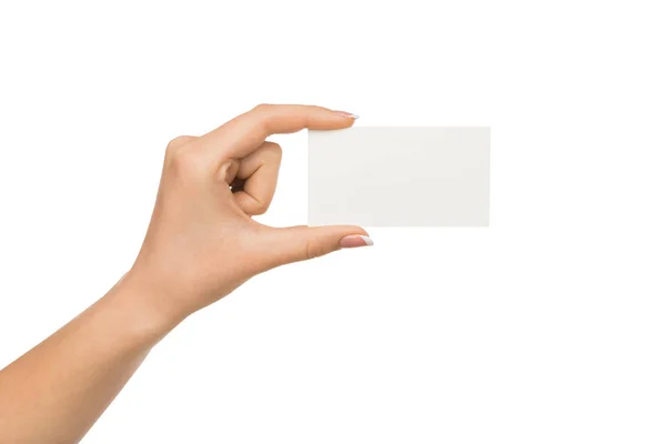 Mão humana segurando cartão em branco para mensagem de texto — Fotografia de Stock