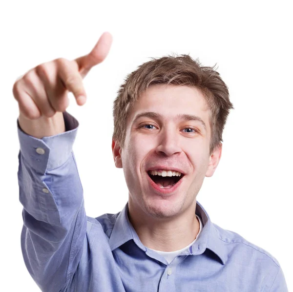 Happy man points with index finger, choice concept — Stock Photo, Image