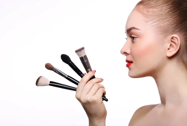 Beauty, cosmetics, woman with makeup brushes — Stock Photo, Image