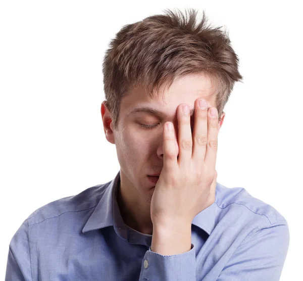 Uitgeput man, negatieve emotie, geïsoleerd op wit — Stockfoto