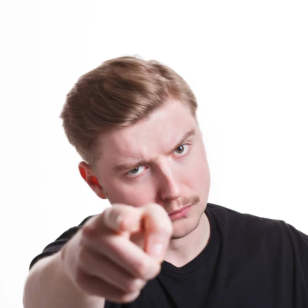 Strenger Mann gestikuliert mit Zeigefinger — Stockfoto