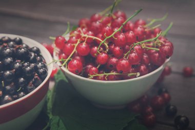 Rustik ahşap kase closeup arka plan siyah ve kırmızı kuş üzümü