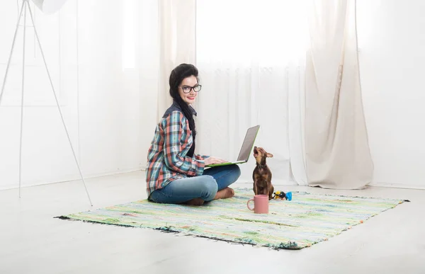 Junges Mädchen mit Laptop und Hund — Stockfoto