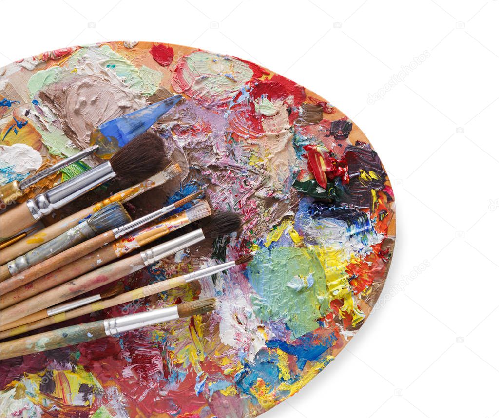 Art palette with colorful paint strokes, isolated