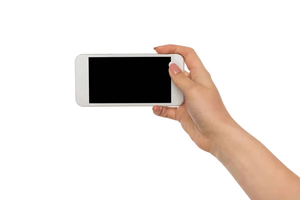 Female hands pointing on blank mobile phone screen — Stock Photo, Image