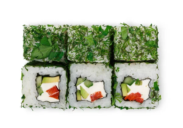 Készlet a sushi tekercs elszigetelt közelkép, felülnézet — Stock Fotó
