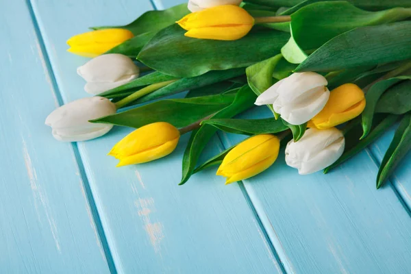 Цветы. Желтые и белые тюльпаны на фоне синего дерева . — стоковое фото