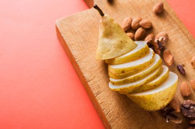 Sağlıklı gıda, meyve arka plan, dilimlenmiş armut