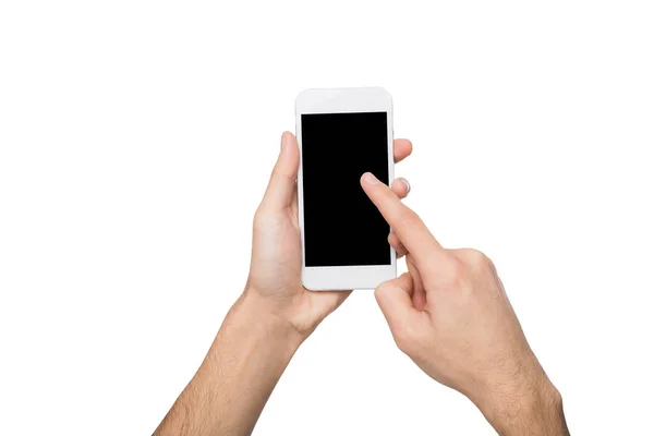 Manos masculinas apuntando a la pantalla del teléfono móvil en blanco —  Fotos de Stock