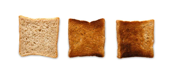 Toast gekocht und verbrannt. Grad der Toastigkeit auf Weiß — Stockfoto