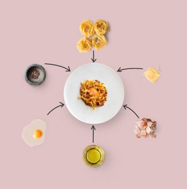 İtalyan gıda, carbonara, üzerinde izole sarı arka plan için pişirme malzemeler