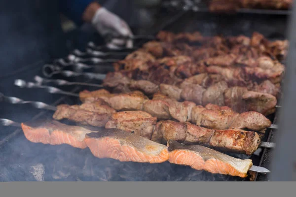 Sığır eti ve somon kebabı. Taze et mangal, Barbekü — Stok fotoğraf