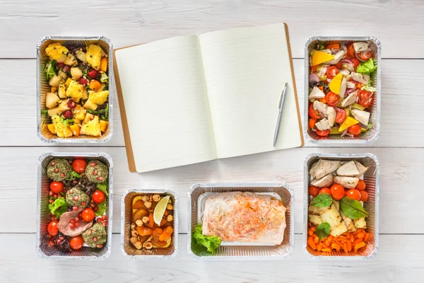 Healthy food take away in boxes, top view at wood — Stock Photo, Image