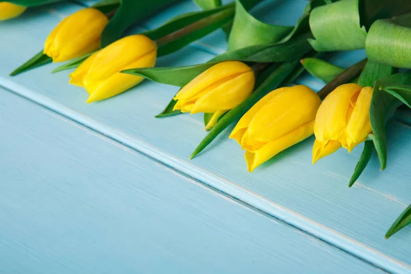 Желтые тюльпаны на фоне синего дерева, пространство для копирования — стоковое фото