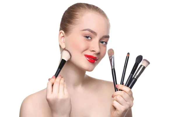 Beauty, cosmetics, woman with makeup brushes — Stock Photo, Image