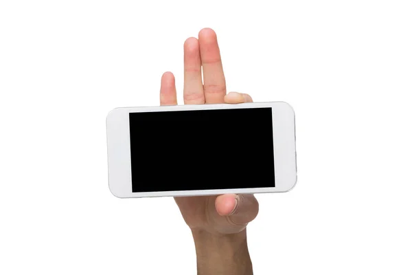 Male hands pointing on blank mobile phone screen — Stock Photo, Image