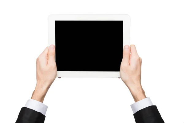 Mężczyzna ręka trzymać puste tabletka ekran — Zdjęcie stockowe