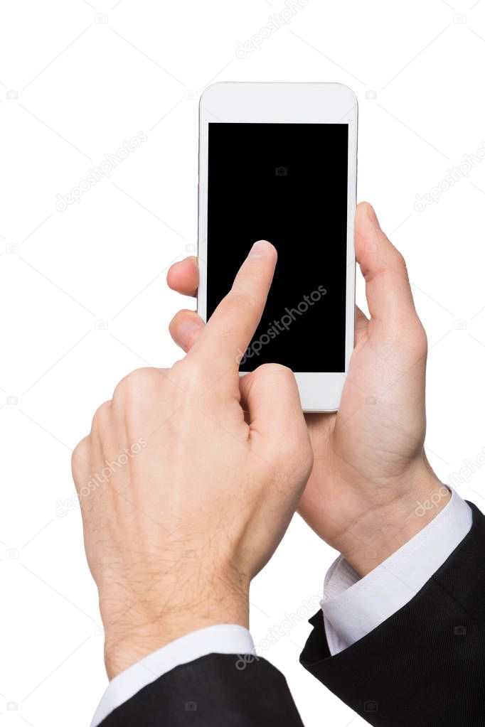 Male hand point on blank mobile phone screen