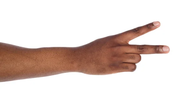 Černá ruka dvěma prsty nahoru izolované na bílém — Stock fotografie