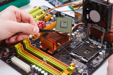 Teknisyen mikroişlemciye anakart takın
