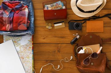 Yolculuk planlama, turist temel set Üstten Görünüm