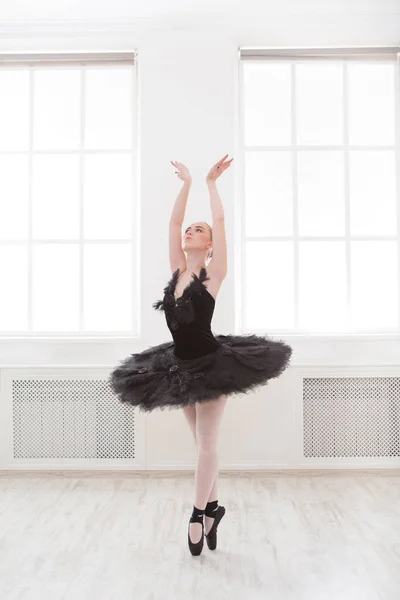 Красива витончена балерина в чорній сукні з лебедя — стокове фото