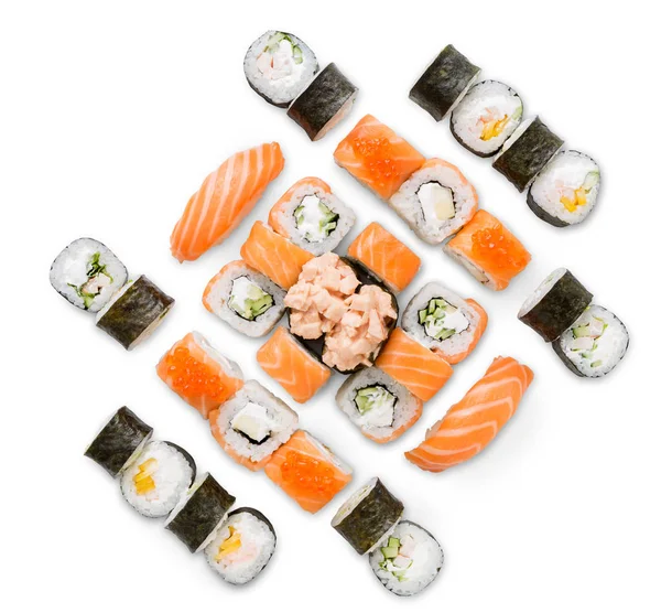 Set de sushi, maki y rollos aislados sobre fondo blanco — Foto de Stock