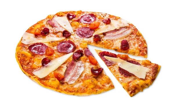 Delicious italian pizza with salami, bacon and parmesan — Stock Photo, Image