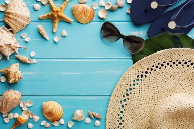 Tatil arka plan kopya alanı ile mavi ahşap, en iyi görünümü üzerinde
