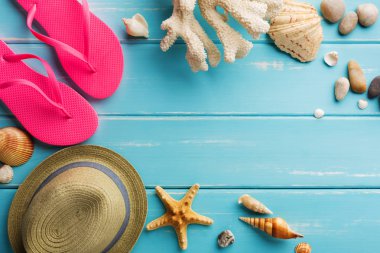 Tatil arka plan kopya alanı ile mavi ahşap, en iyi görünümü üzerinde