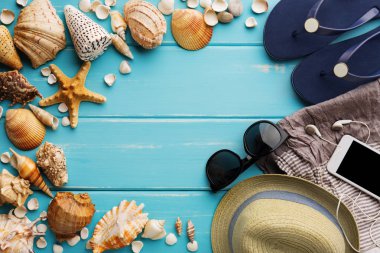 Tatil arka plan kopya alanı ile mavi ahşap, en iyi görünümü üzerinde