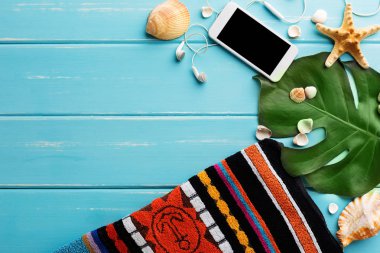 Tatil arka plan kopya alanı ile mavi ahşap, en iyi görünümü üzerinde