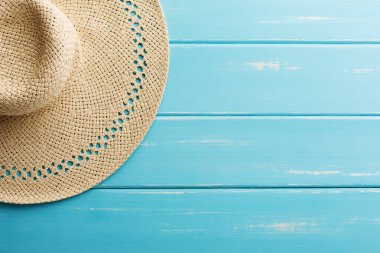 Tatil arka plan kopya alanı ile mavi ahşap, en iyi görünümü üzerinde