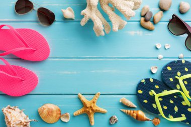 Tatil arka plan kopya alanı ile mavi ahşap, en iyi görünümü üzerinde