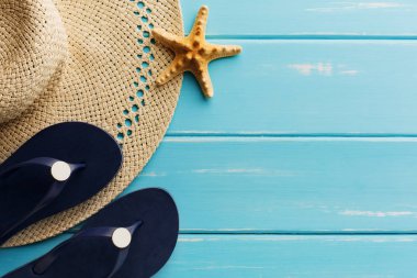 Tatil arka plan kopya alanı ile mavi ahşap, en iyi görünümü üzerinde
