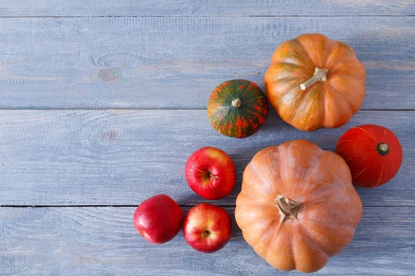 Kopya alanı mavi ahşap zemin üzerine kabaklar