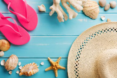 Tatil arka plan kopya alanı ile mavi ahşap, en iyi görünümü üzerinde