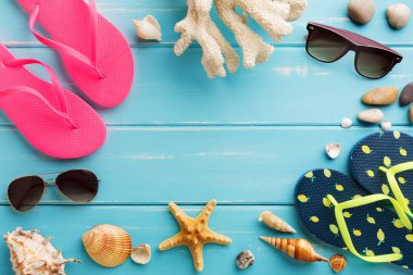 Tatil arka plan kopya alanı ile mavi ahşap, en iyi görünümü üzerinde