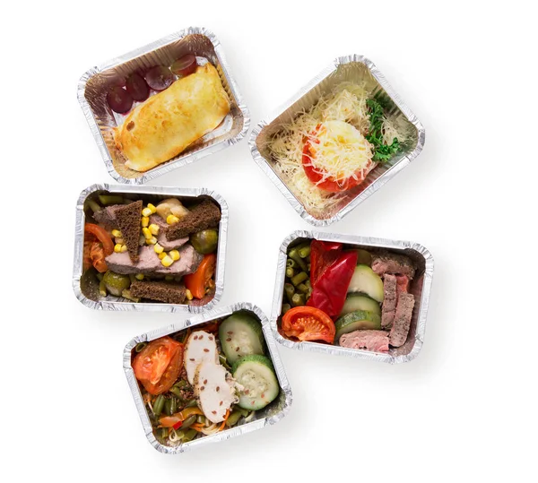 Alimentos saudáveis levam em caixas, vista superior isolada a branco — Fotografia de Stock