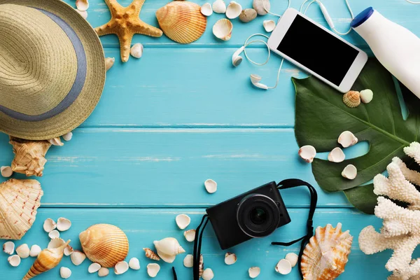 Tatil arka plan kopya alanı ile mavi ahşap, en iyi görünümü üzerinde