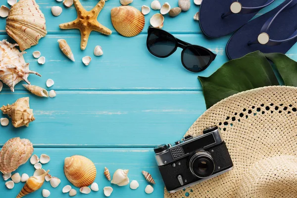 Tatil arka plan kopya alanı ile mavi ahşap, en iyi görünümü üzerinde