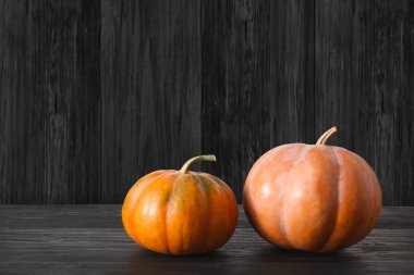 Kopya alanı siyah ahşap zemin üzerine kabaklar