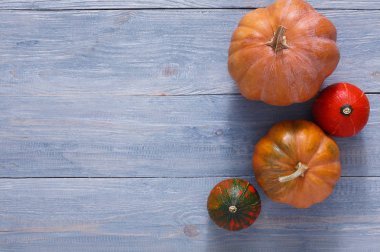 Kopya alanı mavi ahşap zemin üzerine kabaklar