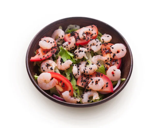 Schüssel mit original asiatischen Salat mit Garnelen und Gemüse isoliert bei weiß — Stockfoto