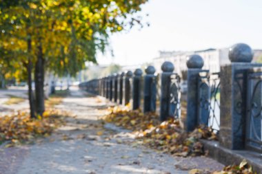 Ön Nehri, sonbahar yaprakları ile kaplı arka plan bulanık