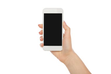 Kadının mobil telefon tutarak el, kırpmak, kesmek