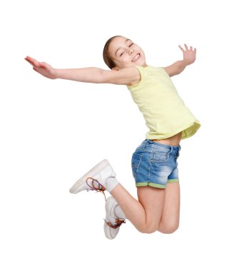 Mutlu genç kız beyaz izole arka plan üzerinde atlama