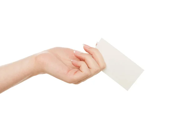 Ženská ruka drží prázdné karty pro textové zprávy, oříznutí, vystřihnout — Stock fotografie