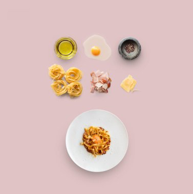 İtalyan gıda, carbonara, üzerinde izole sarı arka plan için pişirme malzemeler