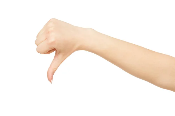 Mão das mulheres mostrando polegar para baixo, colheita, recorte — Fotografia de Stock
